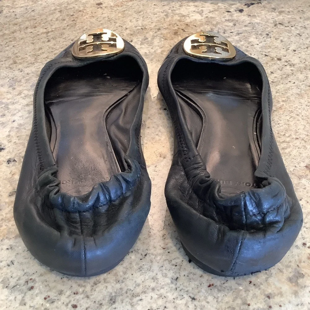 Tory Burch Black Leather Ballet Flats Size 8.5 Patent Toe